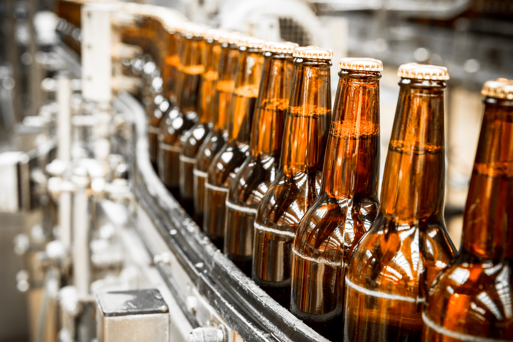 Beer bottles on a conveyor belt