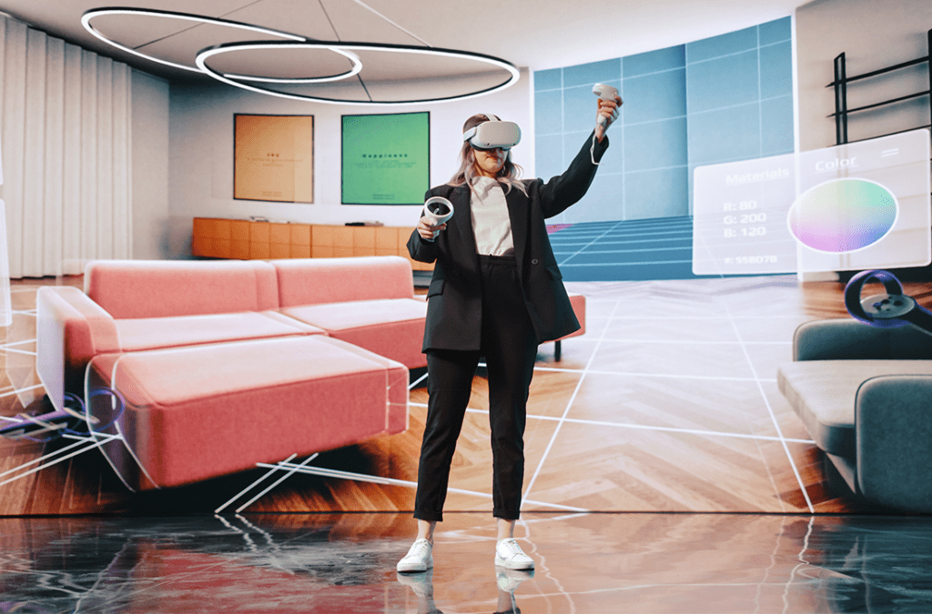 Woman playing with virtual reality headset and controllers