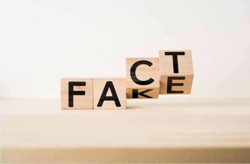 Wooden letter blocks that spell "fact" and "fake"